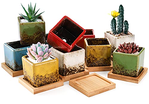 TOPZEA Set of 10 Succulent Planter Pots, 2 Inch Square Ceramic Glazed Cactus Plant Pot Tiny Flower Container with Drainage Hole & Bamboo Tray for Desk, Windowsill, Home Decor, Coffee Bar - size: 2"(D) * 1.9"(H)