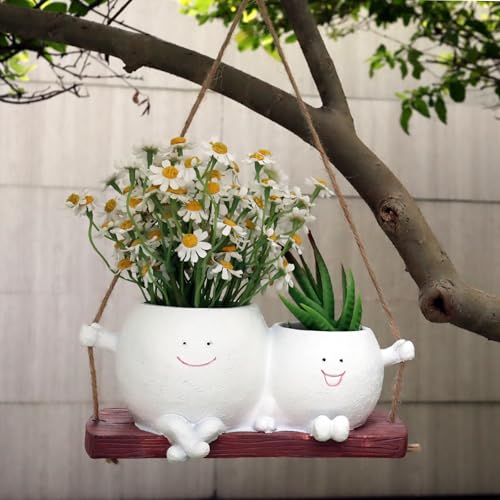 Dolkgy Cute Hanging Face Planter Pots, Funny Swinging Two Head Planters Cactus Plant Pots for Indoor Outdoor Plants, Unique Succulent Wall Planters Whimsical Flower Vase - color: White