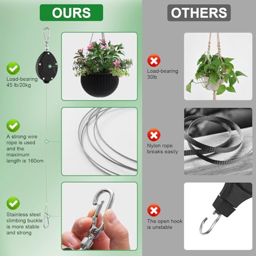 3 Pack Heavy Duty Plant Pulley, Retractable Plant Hanger with Steel Rope | 63" Stainless Steel Rope, Quick Lock Retractable Design, Adjustable Hook for Hanging Plants, Bird Feeders & Grow Lights