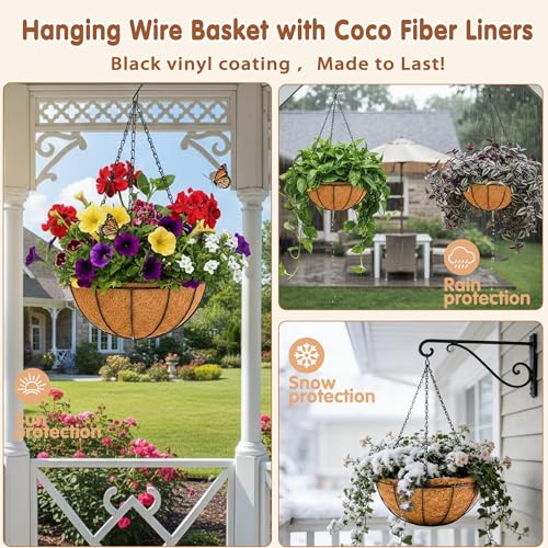 12 inch Metal Hanging Baskets For Plants Outdoor 4 Pack Round Metal Wire Hanging Basket Planter with Coco Fiber Liners Chain Round Wire Plant Holder for Garden, Patio, Deck, Porch Plants Flower Potss - size: 12 Inch, style: Watermelon