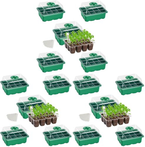 Bonviee 15-Pack Seed Starter Trays, Humidity Dome, Base, 12-Cell Tray, Green - color: Green, size: 15 Packs