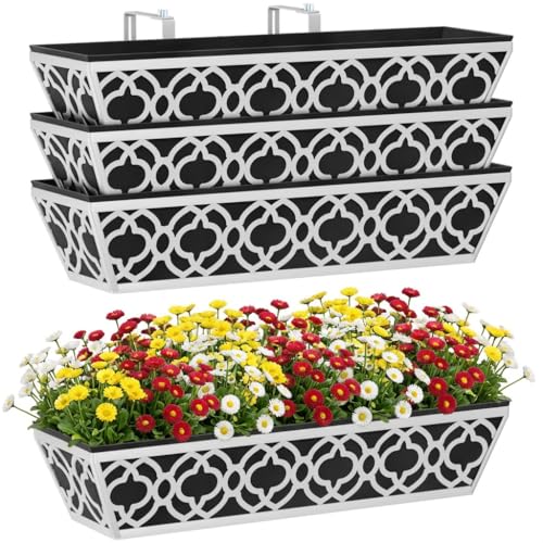 Y&M 24'' Railing Planter Box Set with Black Non-Woven Liner, Gray Metal Large Hanging Flower Boxes with Adjustable Brackets for Fence, Deck, Balcony, and Garden - 4 Pcs - color: Flower 24in 4p-gray