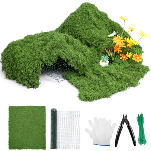 5 Pcs Artificial Moss Mat & Floral Chicken Wire Kit, Dark Green Fake Moss Roll with Green Iron Wire Gloves Plier and Cable Ties for DIY Crafts Wedding Party Fairy Garden Poultry Table Decor
