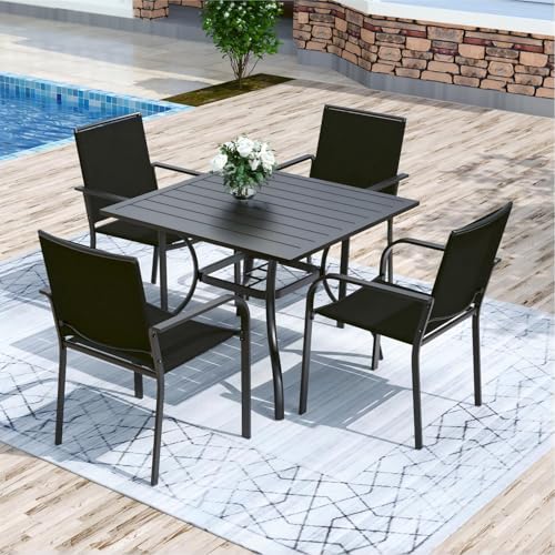 Anmutig 5 Piece Patio Dining Set, 35" Square Table & Stackable Chairs Black - color: Black Fabric + Black Frame, size: 35"*35"*28"