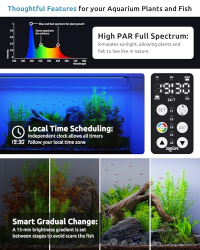 SEAOURA LED Aquarium Light with 24/7 Timer for 18-24in Fish Tank | high PAR LEDs for plant growth, 3 timers + memory, 20 dimming, 15min fade, adjustable brackets, slim aluminum - size: For 18-24in Tank