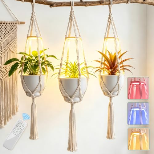 Huquary 3 Pack Macrame Hanging Plant Hanger with Grow Light,White - color: White