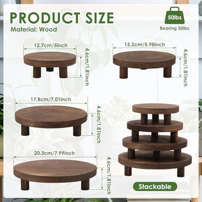 4 Pcs Small Wooden Risers Plants Stand, 5" 6" 7" 8" Pedestal Plant Display Risers Stool for Decor, 4 Tiered Round Flower Pot Pedestal Holder for Desktop Counter Room Indoor Outdoor