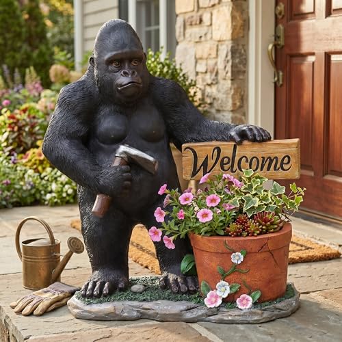 Gorilla Planter Statue, Resin Black Gorilla with Welcome Sign, Outdoor Yard Decor, Weather Resistant Succulent Pot, Unique Welcome Ornament for Patio Lawn Home - color: Animal Sage Green