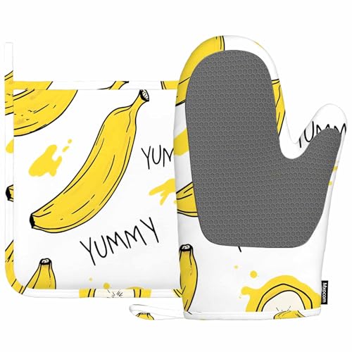 Mxocom Banana with Slices Oven Mitts and Pot Holders Sets Yummy Yellow Banana Silicone Heat Resistant Kitchen Oven Gloves Pot Holder for Cooking - color: Banana With Slices