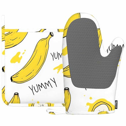 Mxocom Banana with Slices Oven Mitts and Pot Holders Sets Yummy Yellow Banana Silicone Heat Resistant Kitchen Oven Gloves Pot Holder for Cooking - color: Banana With Slices