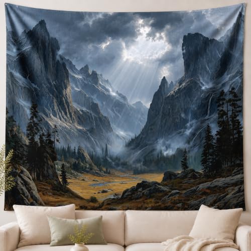 Misty Dark Mountain Tapestry, Cinematic Valley Wall Decor, 60x50 Inches | Dark epic mountain tapestry with misty valley, sunrays, pine trees, and rocky cliffs for fantasy room decor. - color: Lead Gray