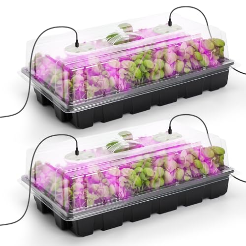 MIXC 2 Pack Seed Starter Tray with Grow Light, 80Cell Indoor Plant Grow Kit | Reusable Plant Germination Tray with Drainage Hole/Humidity Vented Dome, Black Seedling Tray for Indoor Planting starter Kit - color: Black, size: 40-Cell 2-Pack With Light