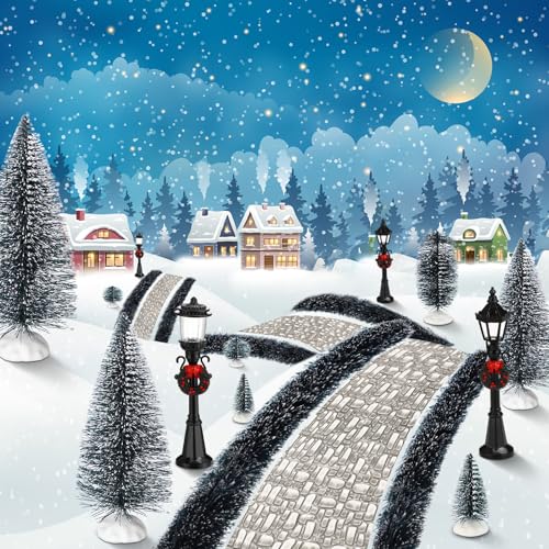 Hotop 18pc Christmas Village Accessories 47.2 Inch Village Roads Mini Snowy Trees Streets Light Lamppost Hedge Figurines Set for Display Winter Holiday Decorations DIY Crafts No Batteries(Cool) - style: Cool