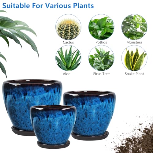 Ceramic Plant Pots With Saucer & Drainage Hole, 8 inch Indoor Flower Pots - color: Blue, size: 8 inch