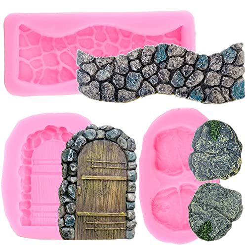 Mujiang Fairy Garden Stone Door Stone Path Silicone Fondant Molds Set Of 3 | Stone Texture Mold Fairy Tale Theme Cake Decorating Cupcake Topper Sugar Craft Candy Polymer Clay Resin Chocolate Gum Paste - color: Style C