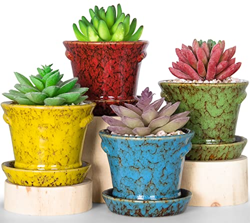 Succulent Pots, 4.2 Inch Small Flower Pots with Drainage | Ceramic Pots for Indoor Plants Cactus Bonsai Planters Set of 4 - color: Blue/Green/Red/Yellow