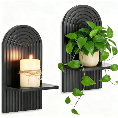 Black Wall Candle Holder: Wood Arch Candle Sconces Set of 2 - color: Black