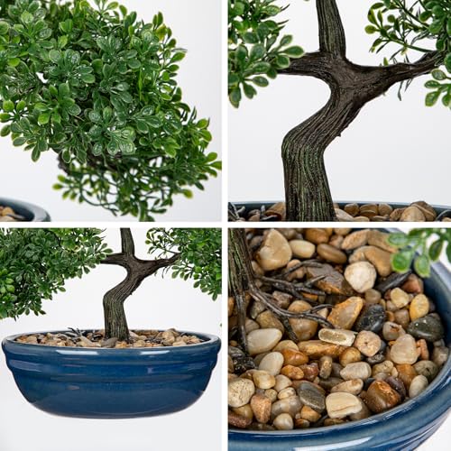 Artificial Bonsai Tree Faux Plants Indoor Fake Plants Decor with Blue Ceramic Pots for Home Table Office Desk Bathroom Shelf Bedroom Living Room Farmhouse Decor - style: Blue Glazed