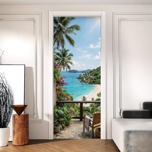 Tropical Balcony Door Mural, Ocean View Door Cover, 30.3x78.7in - color: Colorful2460