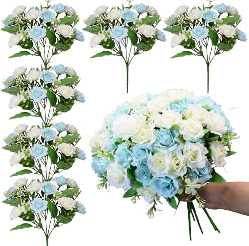 Rose Artificial Flowers Bouquet, 6 Packs Small Roses Flower, 10 Silk Rose Flowers Per Pack, Mini Fake Rose Flower Bunches, Miniature Roses for Decoration Home Wedding Table Centerpieces Decor, Blue - color: Spring Collection in Blue