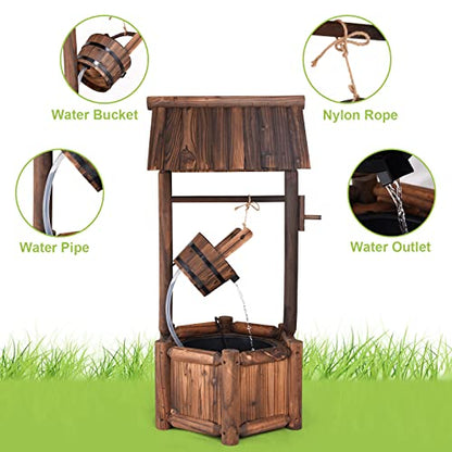 Giantex Wishing Well Water Fountain Outdoor, Rustic Wooden Waterfall Fountain with Electric Pump, Water Bucket, Freestanding Decorative Wishing Well Water Feature for Backyard Patio Garden Lawn