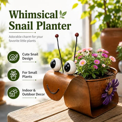Snail Metal Planter, Cute Animal Iron Plant Pot for Succulents, Cactus & Small Flowers, Whimsical Indoor Outdoor Garden Decor for Desk, Patio, Balcony, Gift for Plant Lovers