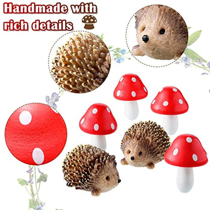 Queekay Fairy Garden Hedgehog Miniature Figurines, Resin Mushroom Decor | Hedgehog & Mushroom Set, Plant Pot Bonsai Accent, Miniature Fairy Garden Figurines, Resin Craft, Indoor Outdoor Scene