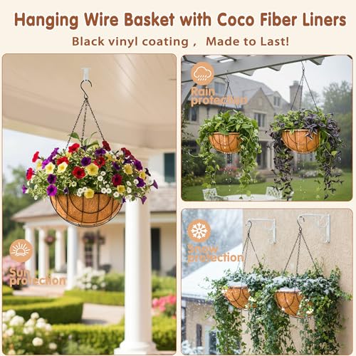 14 inch Metal Hanging Baskets For Plants Outdoor 4 Pack Round Metal Wire Hanging Basket Planter with Coco Fiber Liners Plant Holder for Garden, Patio, Deck, Porch Plants Flower Potss Outdoor(Grid) - size: 14 Inch, style: Grid