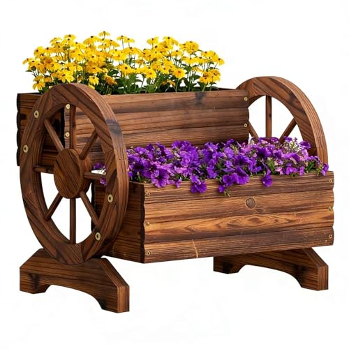 Wooden Wagon Planter Flower Cart with Wheels Garden Box Garden Planter, Decorative Planter for Flowers Herbs Vegetables for Indoor & Outdoor Décor Flower Cart for Patio Garden Balcony (Carbonized) - color: Carbonized