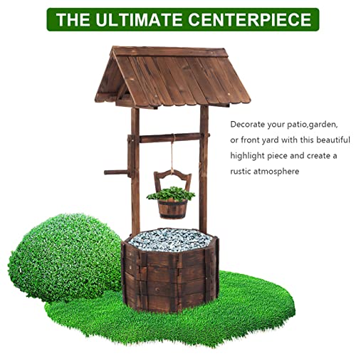 Wooden Planter, Wishing Well with Height Adjustable Bucket | Triangulated Roof for Garden Planter Patio Decoration Yard Ornamental Home Décor