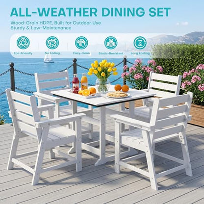 5 Piece Patio Dining Set, HDPE All-Weather Furniture,White | Waterproof 4 Chairs with Armchair Seat & 1 Square Table, Natural Wood Look for Backyard, Garden, Patio - color: White, size: Square 5-Piece Dining Set