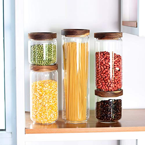 Glass Canisters Set of 5 for the kitchen, Glass Storage Container jars with Airtight Acacia Lid for Coffee Beans, Flour, Sugar, Rice and Spaghetti and etc - color: Clear Glass - Acacia Lids (Set of 5)