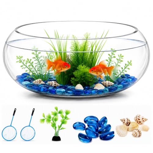 Jucoan 0.9 Gallon Glass Fish Bowl with Decor, Clear Round Shallow Glass Bowl for Betta Fish and Aquatic Plants, Includes Aquarium Decor Stones, Tree and Fish Nets for Holiday Wedding Centerpiece