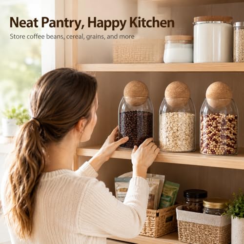 RHBLME 3 Pack Glass Storage Containers with Ball Cork, 17 Oz/500ML Glass Jar with Cork Lid, Round Cork Glass Bottle, Small Candy Jar with Wood Ball Lid for Food, Coffee, Sugar, Spice, Tea, etc