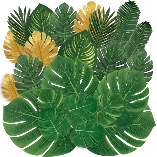 Sggvecsy 64 Pieces 8 Kinds Artificial Tropical Palm Leaves Tropical Leaves Monstera Leaves Safari Jungle Leaf with Stems for Hawaiian Luau Party Beach Table Wedding Shower Birthday Theme Decorations - size: 64 pcs