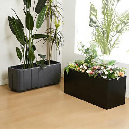 Large Rectangular Metal Planter Boxes with Plastic Inner Pot & Wheels - 33" Lx12 Wx14 H Balcony Flower Bed with Drainage Holes & Drip Tray for Outdoor Indoor Garden Patio Porch Lawn, Black