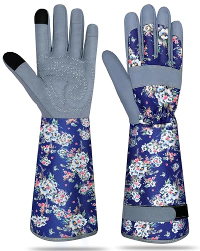 Long Gardening Gloves for Women Thorn Proof Leather Garden Gloves Breathable Working Gloves for Women Yard Outdoor - color: Dark Blue-large
