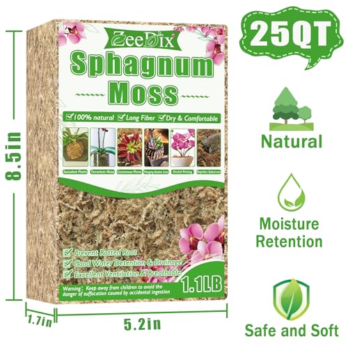 ZeeDix 1.1 lb Sphagnum Moss for Plants Indoor, Natural Long Fiber Sphagnum Orchid Moss Bulk for Carnivorous Plants, Succulents, Monstera, Flower & Reptile Terrariums Habitats (Expands to 25 qt) - size: 1.1 pounds