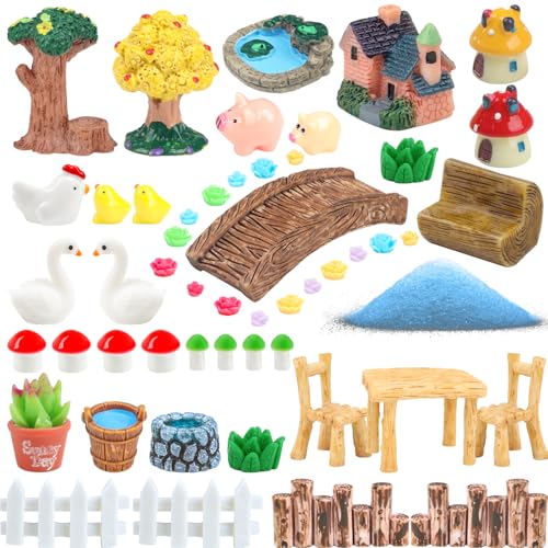 QUOZUO 50 Pcs Fairy Garden Miniatures Accessories Bridge House Landscape Water Well Animal Fence Tree Stone Chair Table Pond Mushroom Lawn Ornament for DIY Craft Mini Garden Scenery Succulent Decor