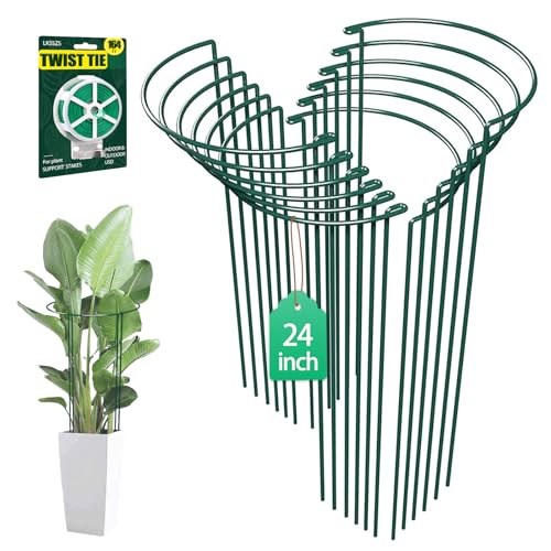 12 Pack 24 inch Plant Support Stakes, Half-Round Metal Garden Flower Stakes, Large Peony Support Ring and Cage for Indoor and Outdoor Plants, Hydrangea, Tomato, Rose, Monstera with Plant Ties - size: 24INCH-12PACK