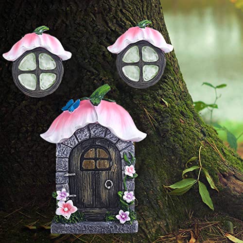 vomiceak Fairy Gnome Home for Tree Decor，Glow in Dark Fairy House Have Window and Door for Garden Decoration，Fairies Sleeping Door and Windows, Yard Art Garden Sculpture, Lawn Ornament - color: Pink