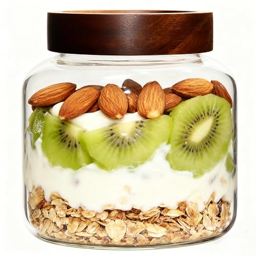 40 oz Glass Jars with Wooden Airtight Lid Herb Spice Canister Round Clear Glass Food Storage Container for Pantry Sugar Tea Coffee Bean Spice Cookies Bath Salts (1200ml/40oz-1 Pack) - color: 1200ml/40oz-1 Pack