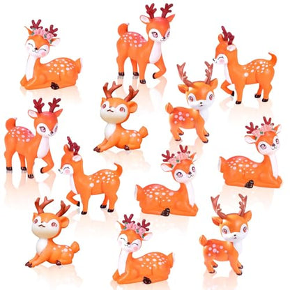 Exasinine 12Pcs Miniature Deer Figurines Forest Woodland Animal Miniatures for Crafts Fairy Garden Accessories Small Deer Ornaments Cake Toppers