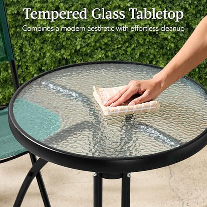 Best Choice Products 3-Piece Patio Bistro Dining Furniture Set w/Textured Glass Tabletop, 2 Steel Folding Chairs, Polyester Fabric - Dark Green - color: Dark Green