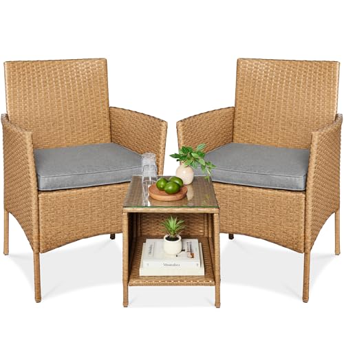 Best Choice Products 3-Piece Outdoor Wicker Conversation Bistro Set, Space Saving Patio Furniture for Garden w/Side Table - Natural/Cement Gray - color: Natural/Cement Gray