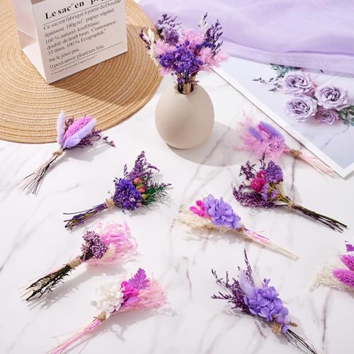 12/24 PCS Charming Dried Flowers Bouquet for Vase Various Dried Wildflowers with Stems Mini Handmade Wildflowers Natural Real Flowers Bulk Flowers Craft (Purple Series, 12 PCS) - color: Purple Series
