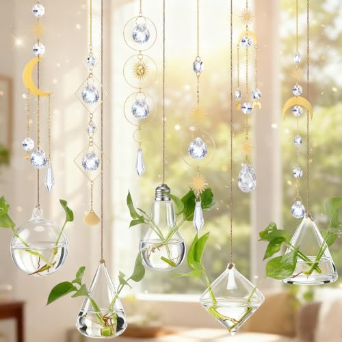 Mumufy 11 Pcs Crystals Suncatcher Hanging Glass Planter Set,Clear | Geometric Moon Star Design with Crystal Prisms. Hanging Terrarium Wall Vases for Windows Home Wedding Decoration Boho Decor - color: Clear