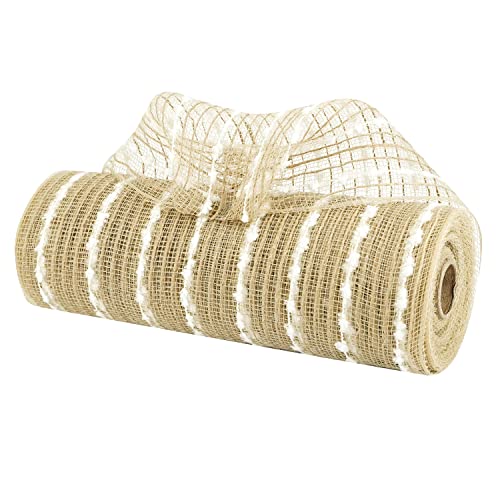 Natural Jute and White Snow Deco Mesh Ribbon 10 Inch Rolls Snowdrift Deco Mesh Jute Mesh Ribbon for Wreaths, Christmas Tree, Garland, Staircase, Mailbox, Centerpiece, Decorating (30 Feet) - color: Burlap, Snowdrift