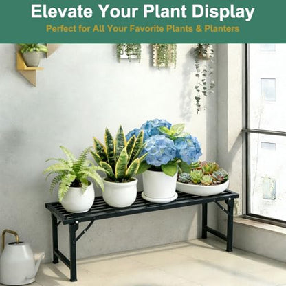 Foldable Plant Stand, No Assembly Heavy Duty Iron Plant Shelf, Rustproof Single Tier Plant Rack for Indoor Outdoor, Long Narrow Flower Stand for Patio Balcony Garden Living Room, L33" xH11.7"x W9.7" - size: L33”xH11.7"xW9.7"