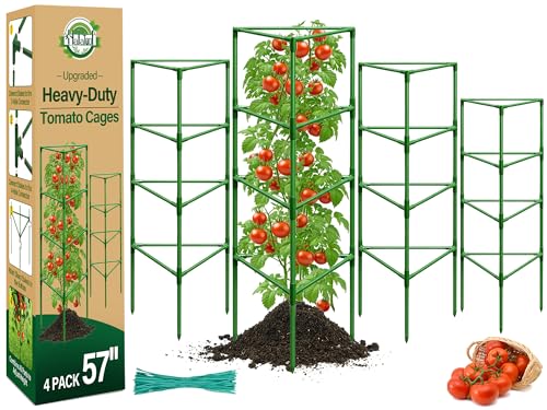 Halatool 57" Tall Tomato Cages, 4 Pack Heavy Duty Plant Support for Garden | Metal Stakes for Raised Beds and Pots, Adjustable Foldable Trellis for Cucumbers, Peppers, Flowers, and Climbing Plants - color: 4pcs, size: 57in